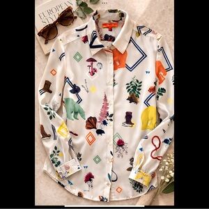 Vilagallo Spanish Designer Novelty Print Statement Blouse Animal Botanical US12